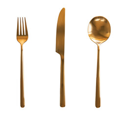 Gold knives, forks and spoons placed on a white background. Beautiful gold cutlery. View from above.