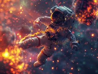 Fototapeta premium A 3D scene featuring an astronaut interacting with vivid, colorful flames and particles in an abstract cosmic setting. 