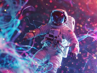 A stunning 3D illustration showing an astronaut with glowing lines and particles, exploring a colorful, energetic cosmic environment.

