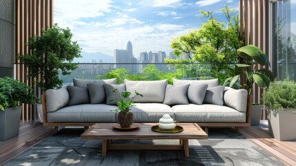 Modern outdoor living space on a balcony with cityscape view. Stylish sofa with cushions