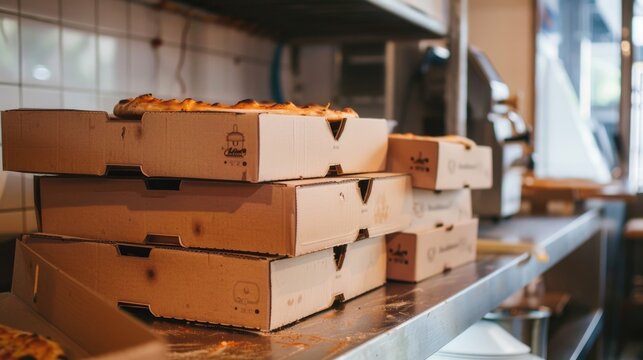 Pizza boxes stacked in a restaurant kitchen. Close-up view of takeaway pizza boxes.
