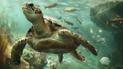 turtle and fish swim underwater. By looking from the side.