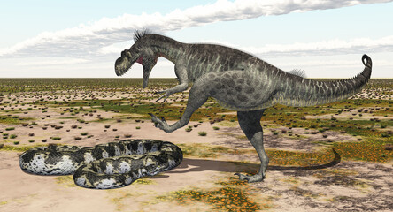 Dinosaurier Megalosaurus und Riesenschlange Titanoboa