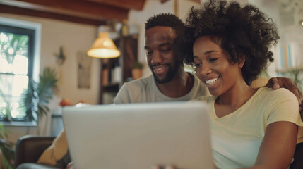 Cheerful Young African Couple Using Laptop at Home