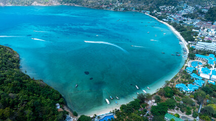 Aerial view boats on Phi Phi island Thailand, Tropical island with resorts,  Phi Phi island, Krabi...