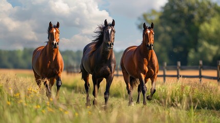 Gentle horses galloping freely in a fenced pasture