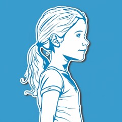 A young girl illustration style sticker with white outline on solid blue background without any shadow or gradient.