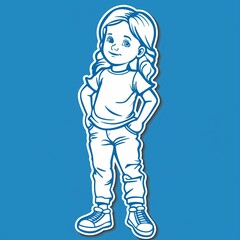 Fototapeta premium A young girl illustration style sticker with white outline on solid blue background without any shadow or gradient.