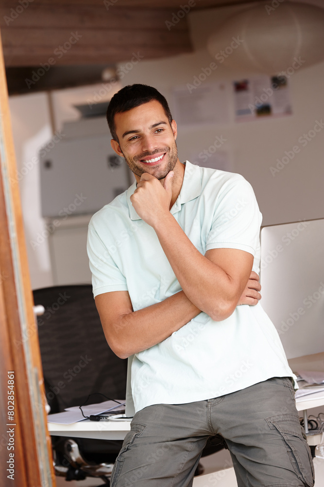 Poster computer engineer, thinking and idea by desk in office with confidence for startup business, softwar