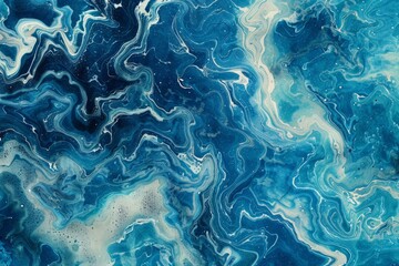 Abstract Ocean Waves Painting with Blue and White Swirls