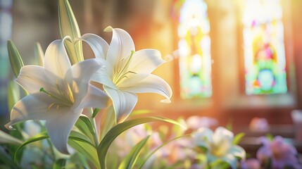 White lilies in front of stained glass window in church, symbolizing purity and tranquility