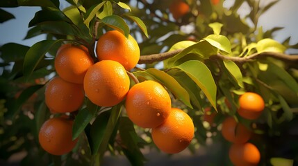 Oranges growing on the tree. Tangerine tree in sunlight.