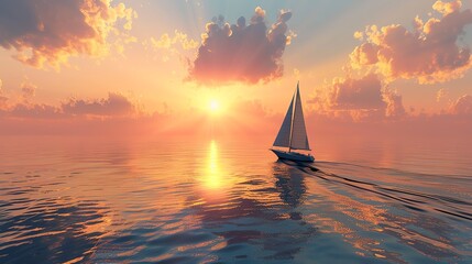 Depict the serenity of a lone sailboat drifting peacefully on a calm sea at sunset