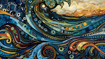 An ocean scene with abstract, swirling patterns and modern colors