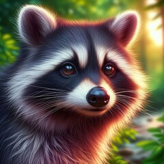 Obraz premium A close-up view of a beautiful raccoon looking away with a blurred nature background - Raccoon portrait illustration - Wildlife concept