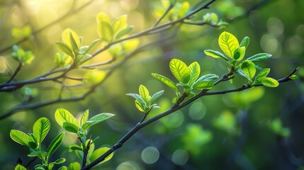 Illustrate the rebirth of nature with buds bursting into leaves on tree branches