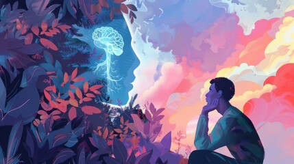 Man contemplating a brain-shaped tree in a surreal landscape. National Mental Health Awareness