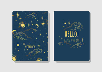 Cover design with blue space pattern. Hand drawn elements. Invitation, greeting card, cover book, notebook. Vector illustration