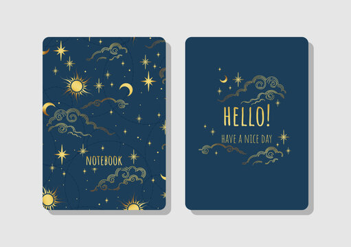 Cover design with blue space pattern. Hand drawn elements. Invitation, greeting card, cover book, notebook. Vector illustration