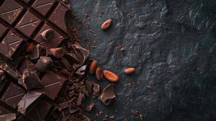 Dark chocolate pieces and cocoa beans on a textured black background.