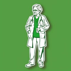 An elderly female doctor illustration style sticker with white outline on a solid green background