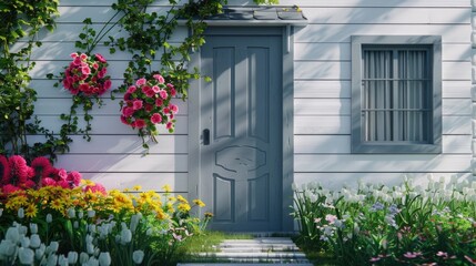 Charming Cottage Front Door with Blossoming Flowers
