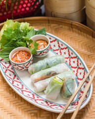 Asian spring rolls as portion stuff vegetable, pork inside noodle tubes on old wood plate with spicy sauce