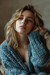 Young woman with blue eyes and braid in a knitted sweater.