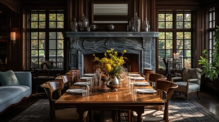 Rustic Home Interior with Cozy Fireplace and Wooden Decor
