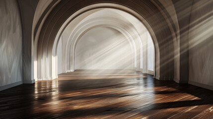 Elegant 3D-rendered gallery with walnut flooring and inviting mottled sunlight.