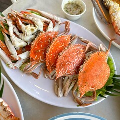 Seafood platter with oysters, prawns and crab in a restaurant