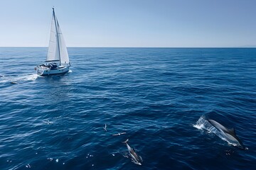 Sailboat Gliding Across the Open Sea with Playful Dolphins Nearby - Powered by Adobe
