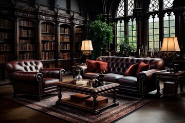 Antique and vintage brown bookcase with sofa