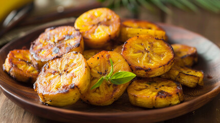 Grilled plantains with fresh basil, a tempting jamaican specialty displayed on a rustic wooden table background