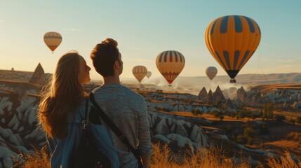 Couple admiring a beautiful sunrise with vibrant hot air balloons in the background