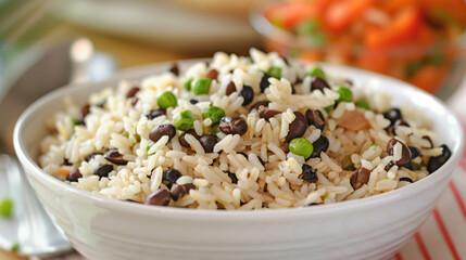 Classic caribbean meal: traditional jamaican rice and peas in a beautifully presented white bowl with vibrant colors