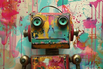 A whimsical robot made of pop art elements and textures