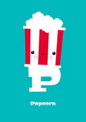 Popcorn – Typographical Vector Illustration Kawaii-ABC, cute characters, cheerful detailed graphic for nursery decoration, poster, invitations, greeting cards, bright colors, P