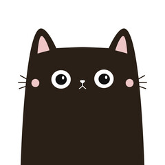 Cute cat. Sad face head. Kitten with pink ears, nose, cheeks. Black silhouette icon. Funny kawaii pet animal. Cartoon funny baby character. Childish style. Flat design. White background. Vector