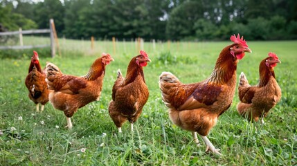 Fototapeta premium A flock of Organic Free Range wild Chickens on a traditional poultry farm