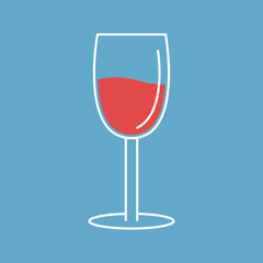 Red wine glass. White contour outline icon. Simple shape collection. Shining glossy utensils. Healthy food and drink concept. Menu template. Minimal line flat design. Blue background. Isolated. Vector