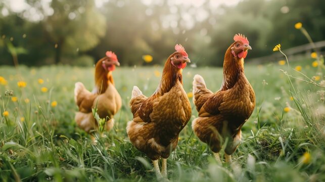A flock of Organic Free Range wild Chickens on a traditional poultry farm