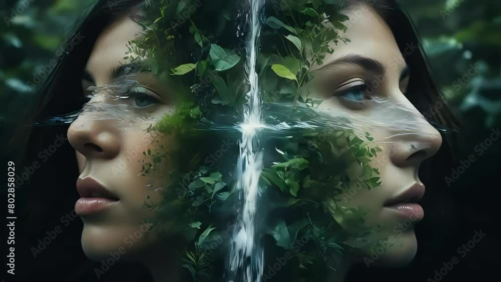 Poster an artistic double exposure composition capturing the intense emotions of two faces overlaid with na