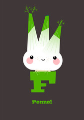 Fennel &ndash; Typographical Vector Illustration Kawaii-ABC, cute characters, cheerful detailed graphic for nursery decoration, poster, invitations, greeting cards, bright colors, vegetable, letter F