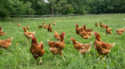 Fototapeta premium A flock of Organic Free Range wild Chickens on a traditional poultry farm