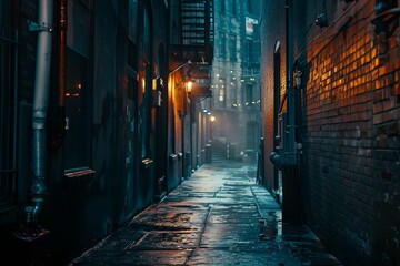 Fototapeta premium Rainy Night in Moody Urban Alleyway 