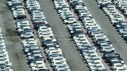 Obraz premium A drone's perspective reveals rows of brand-new cars lined up like soldiers on the asphalt battlefield, ready to conquer the open road. Automotive's dynamic evolution. Import and export business. 