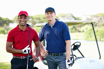 Portrait, men and club on golf course with transport for training, happiness and collaboration....