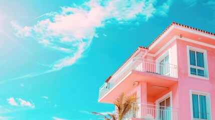 Tropical Pink House with Palm Tree Under Blue Sky