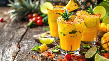Mango chili cocktails garnished with lime and herbs on rustic wood.
